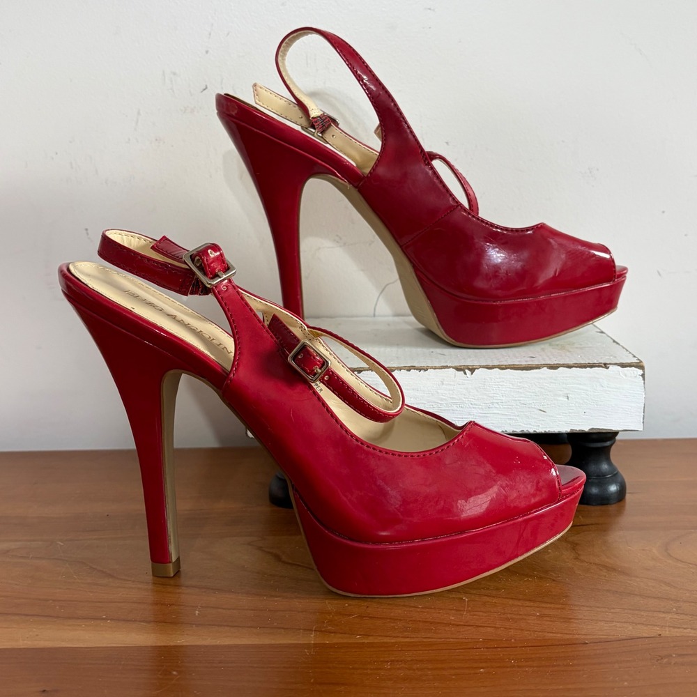 Enzo Angiolini Shaylin Red Patent Peep Toe Platform Slingback Heels 8.5M